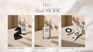 A promotional collage for BLB Dark Mode products on a beige marble-textured background. Three inset panels show: a black eye blanket with a can of Nodpool weighted eye blankets, a silver crystal clock, and a white box of Loops Quiet 2 Ear Plugs with black earplugs inside.