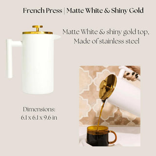 Product detail showing the matte white French press with shiny gold lid included in the Deluxe Java Joy coffee gift box.