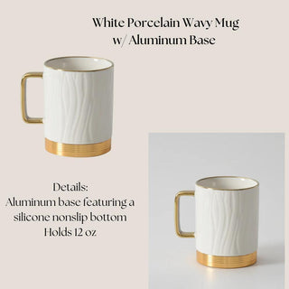 Cream-white 12-ounce porcelain mug with wavy texture, gold handle, aluminum base, and silicone bottom from Deluxe Java Joy.