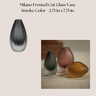Milano smoke-colored frosted cut glass bud vase shown alone and with coordinating glass vessels; the vase measures 7.75 inches high.