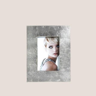 Front product view of the Elise silver leaf photo frame with a broad textured border surrounding a vertical 4x6 portrait.
