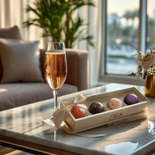 Ethel M Five-Piece Chocolate Truffle Sampler styled on a marble table with a glass of champagne, luxury gifting scene in a modern Reno, Nevada home. Assorted truffles made with ganache and gourmet chocolate shells.
