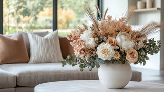 Floral arrangement in a white vase on a coffee table with a couch and window in the background