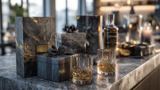 Luxury Modern Gentleman Gifting with Whiskey Glasses on a luxury dark marble counter top