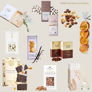 Assorted chocolate and confectionery items on a light background