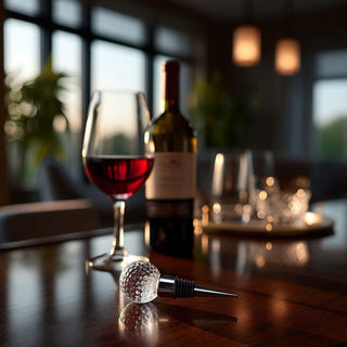 Clear glass golf ball wine stopper resting on a dark wood table beside a red wine glass and bottle in a softly lit dining room.