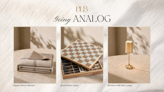 A styled collage under the heading 'BLB Going ANALOG' showing three analog-themed products: an Alpaca throw blanket, a wooden chess game, and a wireless USB mini lamp, each displayed in a warm neutral setting with soft shadows.