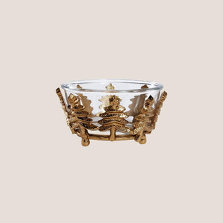 Gold glass bowl with sculpted gold Christmas tree base – elegant holiday serving bowl on neutral background