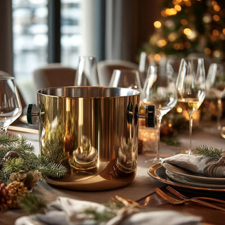 Reflective gold ice bucket with deep green handles centered on a holiday dining table with glassware, greenery, and warm tree lights.