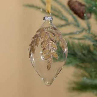 6 inch gold beaded left design glass ornament hanging on Christmas tree branch - handcrafted clear glass holiday ornament with gold leaf beading for elegant Christmas decor