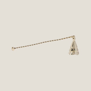 Gold candle snuffer with tree-shaped bell and twisted handle, elegant metal accessory for extinguishing candles with style. T