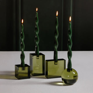 The green crystal glass taper candle holders — elegant modern holiday décor accent by Biggest Little Baskets