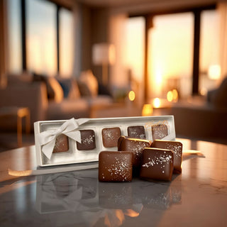 Handcrafted Nevada-made Ethel M sea salt caramels from Biggest Little Baskets, styled on a luxury marble table at golden hour. A five-piece gift box featuring milk and dark chocolate caramels with hand-sprinkled sea salt — the perfect addition to Reno luxury gift baskets and nationwide gifting.