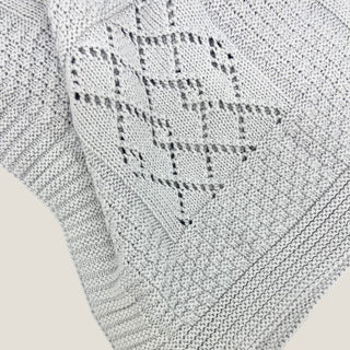 Close-up of the gray cotton baby blanket showing its diamond openwork pattern, ribbed border, and textured knit stitches.