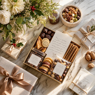 A gourmet gift box filled with assorted cookies, chocolates, pretzels, and nuts, styled on a marble surface with wrapped presents, flowers, and a handwritten note.