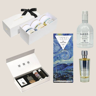 Jam Gogh contents collage showing the RIVSALT Essentials box, Van Gogh preserve trio, Italian olive oil, white balsamic, and Starry Night dark chocolate.