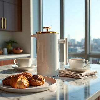 Matte white French press with shiny gold lid styled in a bright kitchen beside two white cups, folded napkins, and breakfast pastries.