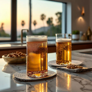 Two Lake Tahoe topographic pint glasses filled with beer and set on round coasters at a marble kitchen bar with small bowls of snacks.