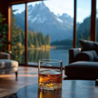 Lake Tahoe 8-ounce topographic glass tumbler with an amber drink on a dark table before a softly focused mountain-lake view.