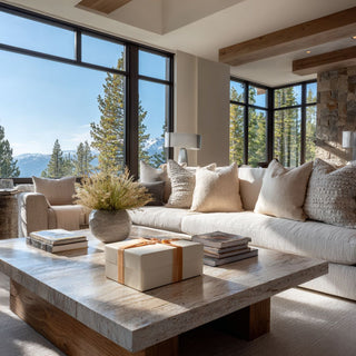 Modern living room with large windows overlooking lake tahoe, sectional sofa, and decorative items with a gift box on the coffee table.