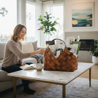 “Woman sitting in a cozy modern living room reaching for an item from a large brown woven gift basket filled with gourmet treats and self-care products on a marble coffee table – luxurious handcrafted gifting basket designed for relaxation and thoughtful home gifting.”