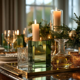 Large square green crystal taper candle holder with a lit cream taper styled on a gold tray with glassware, greenery, and warm holiday candlelight.