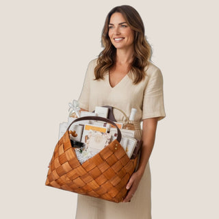 Large Luxury Bountiful Bites Gourmet Charcuterie Gift Basket held by a beautiful woman. Perfect Luxury gift basket gift for gifting in Reno Nevada or nationwide