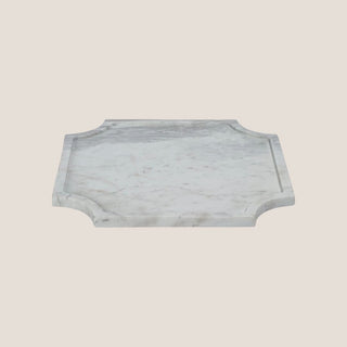 Product view of the large Volakas marble tray, measuring 14 × 14 × 0.5 inches, with gray veining, a satin finish, and inward-curving corners.