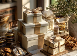 Stack of luxury gold and white gift boxes with ribbons on a table with snacks and plants. curated and delivered by biggest little baskets in reno nevada