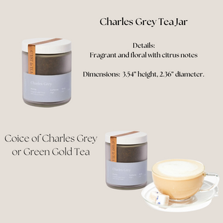 with Gold Trim French Press/ Tea Press, Two White Porcelain Mugs with Gold Trim and Gold Aluminum Non- Slip Base, Gold Tea Scoop, Choice of Charles Gray Or Green Gold Loose Leaf Tea,  Makabi & Sons Shortbread Cookies, Packaged in a Matte White Gift Box and Tied with a Ribbon Bow, Luxury Gift Box, Luxury Gift Reno, Gift Company Reno
