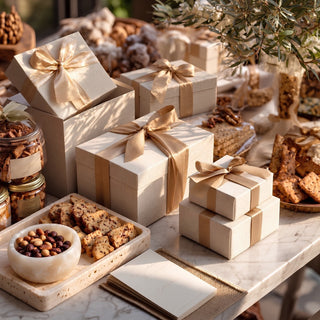 Representative of the $750 custom gifting tier with a very abundant arrangement of dupioni silk ribboned boxes, travertine or alabaster keepsake pieces, cookies, crackers, nuts, preserves, and handwritten notes. Appropriate for Luxury Corporate, Housewarming/realtor Gifts and Personal gifting. 