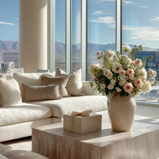 A luxury gift box sitting on the coffee table of a Modern living room with a sectional sofa, coffee table, and large windows overlooking a cityscape of Reno Nevada.