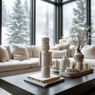 Matte white decorative ceramic soldier displayed on modern coffee table in cozy neutral living room with snowy winter view - minimalist holiday home decor inspiration featuring sculptural nutcracker accent. 