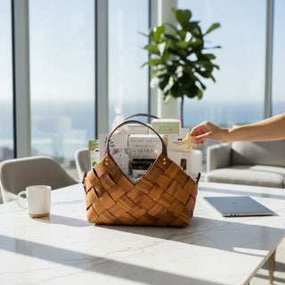 Person reaching for a gourmet treat in a woven basket from biggest little baskets in a reno nevada corporate office setting. The basket is sittibg on a table with a cityscape view.