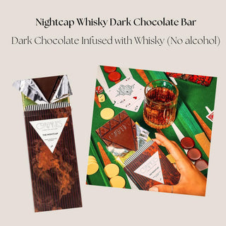 Nightcap 75% cacao dark chocolate bar lightly infused with whiskey flavor, included in the Deluxe Sip & Savor gift box.