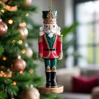 Red and green resin nutcracker soldier ornament with gold crown hanging on Christmas tree - classic holiday ornament with traditional detailing and glossy finish.