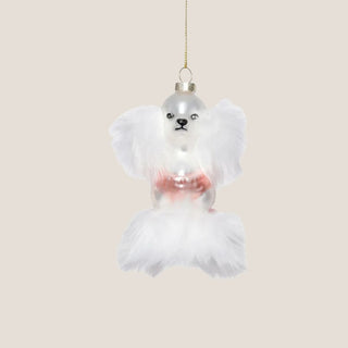 Parisian pup glass ornament with pink and white details on a neutral background — elegant holiday décor featuring faux fur accents and reflective metallic ornaments