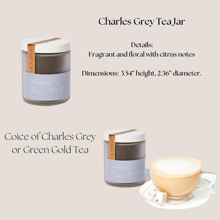 Biggest Little Baskets, A luxurious Petite Tea Indulgence Gift Box featuring a jar of Charles Grey artisan loose-leaf tea, Makabi & Sons rose pistachio and cardamom shortbread butter cookies, and a gold tea scoop. This elegant tea gift set is perfect for tea lovers and special occasions, ideal for upscale gifting in Reno, Nevada, and beyond, Gift Box Reno, Tea Gift Box