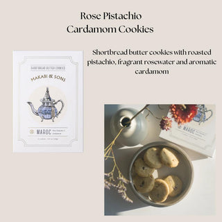 Biggest Little Baskets, A luxurious Petite Tea Indulgence Gift Box featuring a jar of Charles Grey artisan loose-leaf tea, Makabi & Sons rose pistachio and cardamom shortbread butter cookies, and a gold tea scoop. This elegant tea gift set is perfect for tea lovers and special occasions, ideal for upscale gifting in Reno, Nevada, and beyond, Gift Box Reno, Tea Gift Box