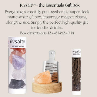 RIVSALT Essentials Gift Box product guide showing the stainless steel grater, wooden stand, salt rocks, Java long pepper, and 12.4 by 6.14 by 2.4-inch box dimensions.