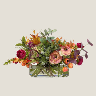"Ranunculus, eucalyptus, and berry faux floral arrangement in oval glass vase with illusion water – handcrafted centerpiece, 22x12x12 inches, perfect gift"