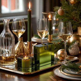 Rectangular green crystal glass taper candle holder — modern sculptural holiday décor accent in quiet luxury style by Biggest Little Baskets.