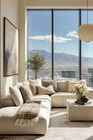 Modern living room with a large sectional sofa, coffee table, and scenic window view of reno nevada.