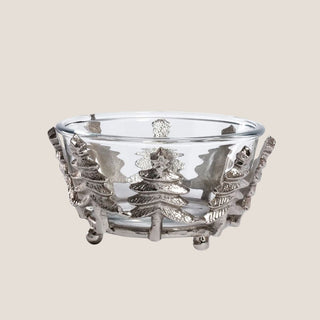 “Silver glass bowl with sculpted silver Christmas tree base – elegant holiday serving bowl on neutral background.”