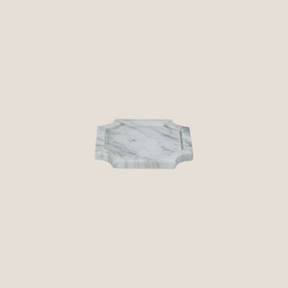 Product view of the small Volakas marble tray, measuring 6.75 inches square and 0.5 inches high, with gray veining, a satin finish, and inward-curving corners.