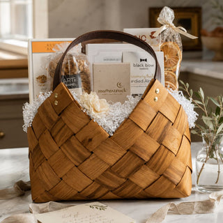 Woven brown Biggest Little Baskets' Classic Gourmet Charcuterie Gift basket filled with food and gift items on a marble table