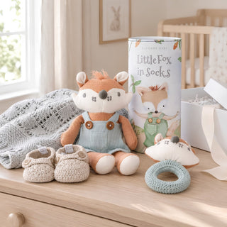 Styled photo of the Heirloom Baby Boy gift box from Biggest Little Baskets with a plush fox toy wearing light blue overalls sits on a wooden dresser beside a matching socked foot toy, crochet booties, a ring rattle, and a cylindrical gift box labeled 'Little Fox in Socks' in a softly lit nursery setting.