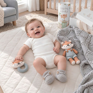 Styled photo of a baby boy with the Heirloom Baby Boy Gift box.Little Fox in Socks toy, fox rattle rattle with wood teether, grey heirloom knit blanket, light grey crocheted booties and a white keepsake gift box  from Biggest Little Baskets