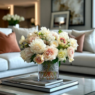 Styled_on_a_luxury_coffee_table_Cafe_Au_Lait_True_Bloom_real_Touch_Premade_Floral_Arrangement_in_Cut_Glass_Vase with permanent illusion water 