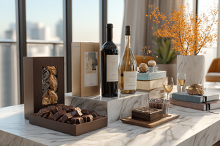 Table setting with wine bottles, chocolates, and books in a bright room with large windows.
